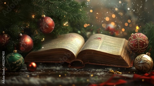 Festive open book with christmas ornaments and pine branches, glowing lights, and snowflakes conveying merry christmas and happy new year ai