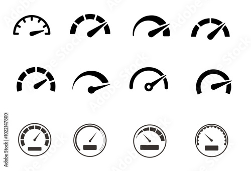 Speedometer black icon. Electric car gauge with arrow, gasoline fuel and empty indicator. Vector automobile speedometer gauge set Vector
