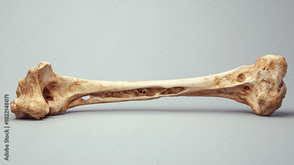 A detailed view of a single animal bone on a gray background, showcasing its intricate structure and texture for educational purposes. A detailed view of a single animal bone on a gray background, showcasing its intricate structure and texture for educational purposes.