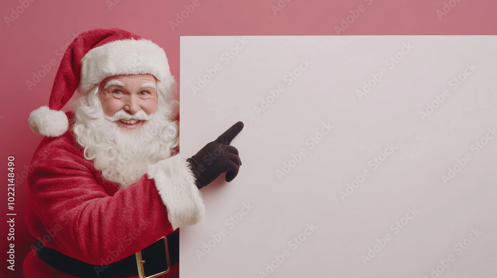 Naklejka premium Cheerful Santa Claus Promoting Holiday Spirit with Blank Advertising Board