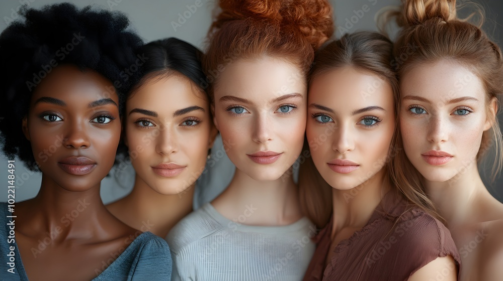 Group of diverse women posing in studio, each with unique hairstyles and fashion, their eyes fixed on the camera, set against a sleek grey background Group of diverse women posing in studio, each with unique hairstyles and fashion, their eyes fixed on the camera, set against a sleek grey background