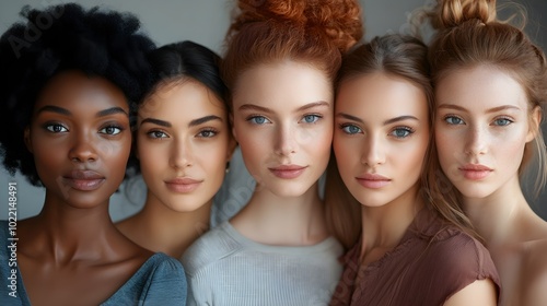 Group of diverse women posing in studio, each with unique hairstyles and fashion, their eyes fixed on the camera, set against a sleek grey background