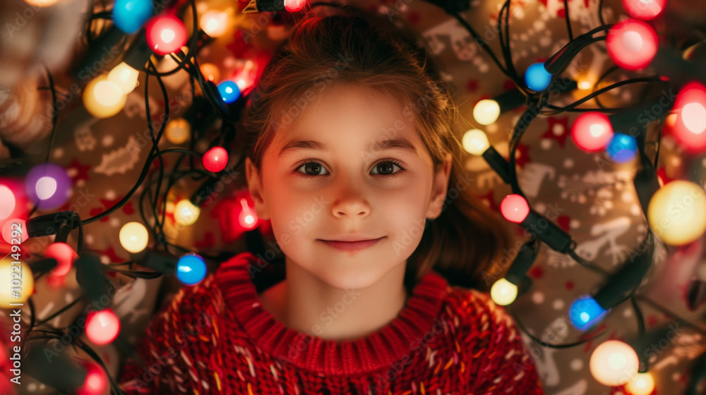 Joyful Childhood Moments A Young Girl Surrounded by Twinkling Christmas Lights