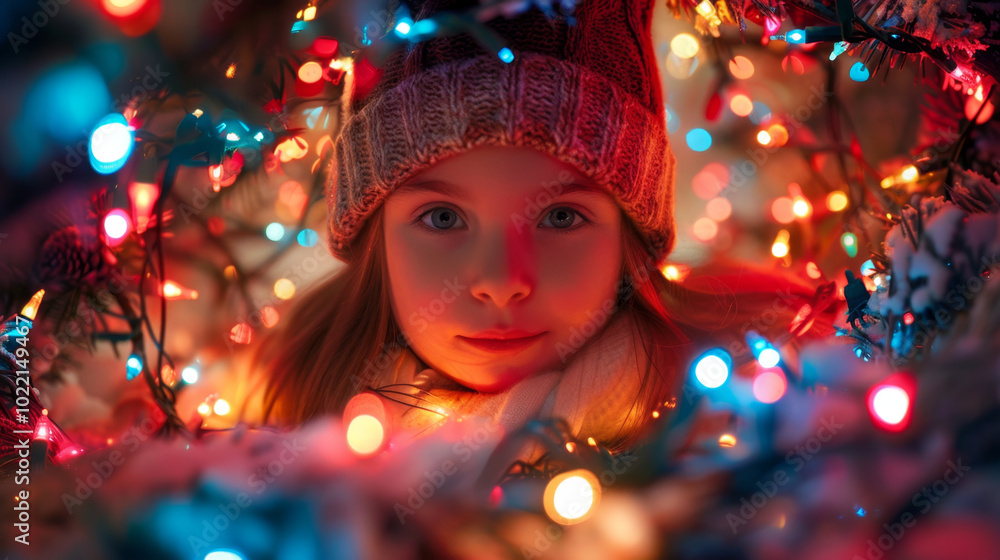 Magical Moments A Young Girl Enveloped in Twinkling Christmas Lights Magical Moments A Young Girl Enveloped in Twinkling Christmas Lights