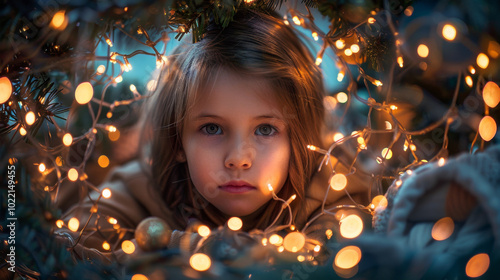 Captivating Portrait of a Young Girl Surrounded by Twinkling Christmas Lights