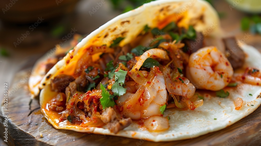 Fusion dish combining elements of Mexican and Asian cuisine featuring a Korean BBQ taco with kimchi and cilantro Fusion dish combining elements of Mexican and Asian cuisine featuring a Korean BBQ taco with kimchi and cilantro
