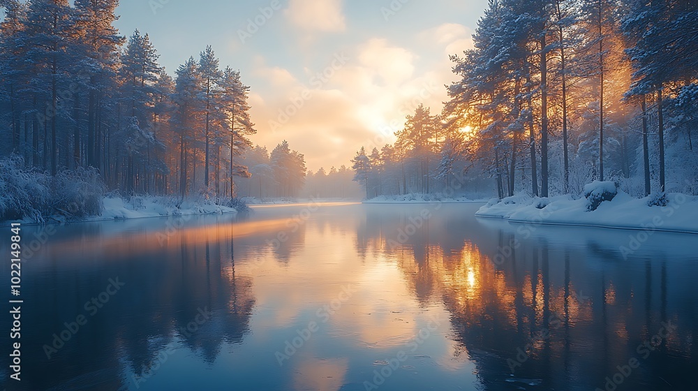 A serene winter sunrise over a still lake in a snow-covered pine forest. A serene winter sunrise over a still lake in a snow-covered pine forest.