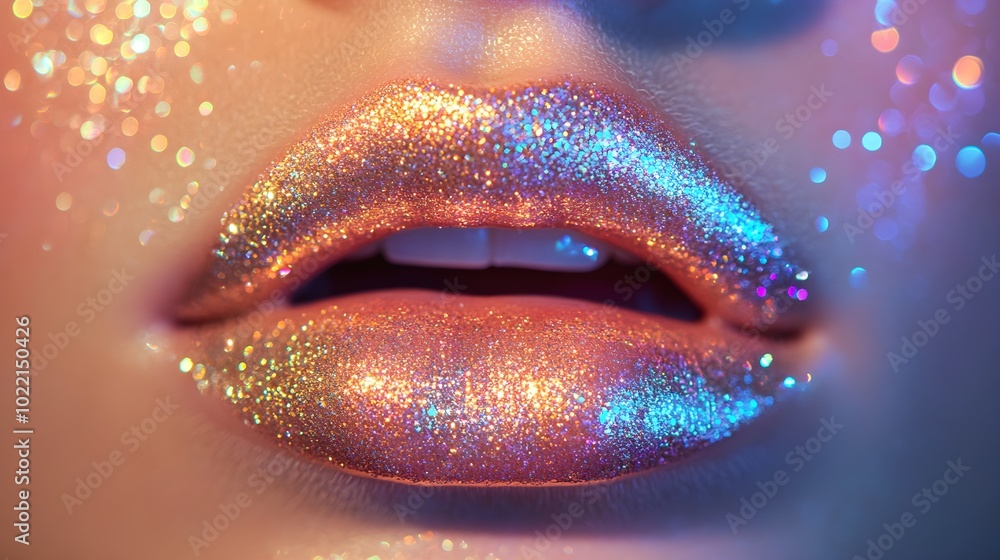 Glossy lips drenched in gold glitter, vibrant light reflecting off the sparkles, illuminated by rainbow hues, glowing, hyper-realistic, fashion photography style Glossy lips drenched in gold glitter, vibrant light reflecting off the sparkles, illuminated by rainbow hues, glowing, hyper-realistic, fashion photography style