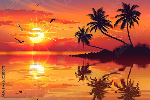 tropical sunset with trees on beach