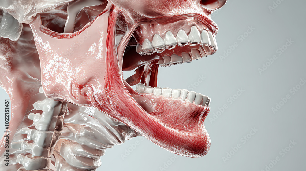 Detailed anatomical model depicting human skull and muscles in vivid colors, showcasing the intricacies of the jaw and neck structures.