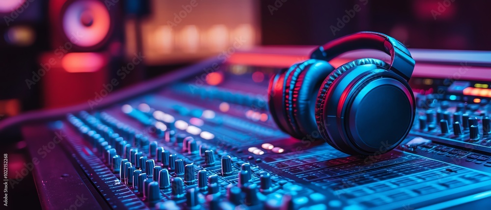 An intimate view of podcasting gear in a studio, featuring a sleek mixing console and headphones, highlighting the essence of professional audio creation An intimate view of podcasting gear in a studio, featuring a sleek mixing console and headphones, highlighting the essence of professional audio creation