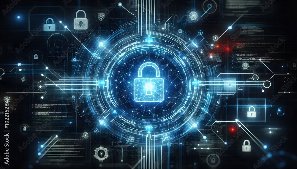 A futuristic representation of cybersecurity, with a glowing digital padlock at the center of a network of interconnected blue lines, symbolizing data protection. In the background, there are faint re A futuristic representation of cybersecurity, with a glowing digital padlock at the center of a network of interconnected blue lines, symbolizing data protection. In the background, there are faint re