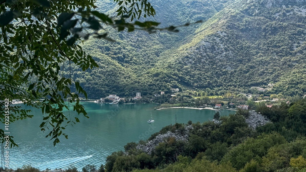 View from the mountain of the Bay of Kotor in Montenegro in summer.