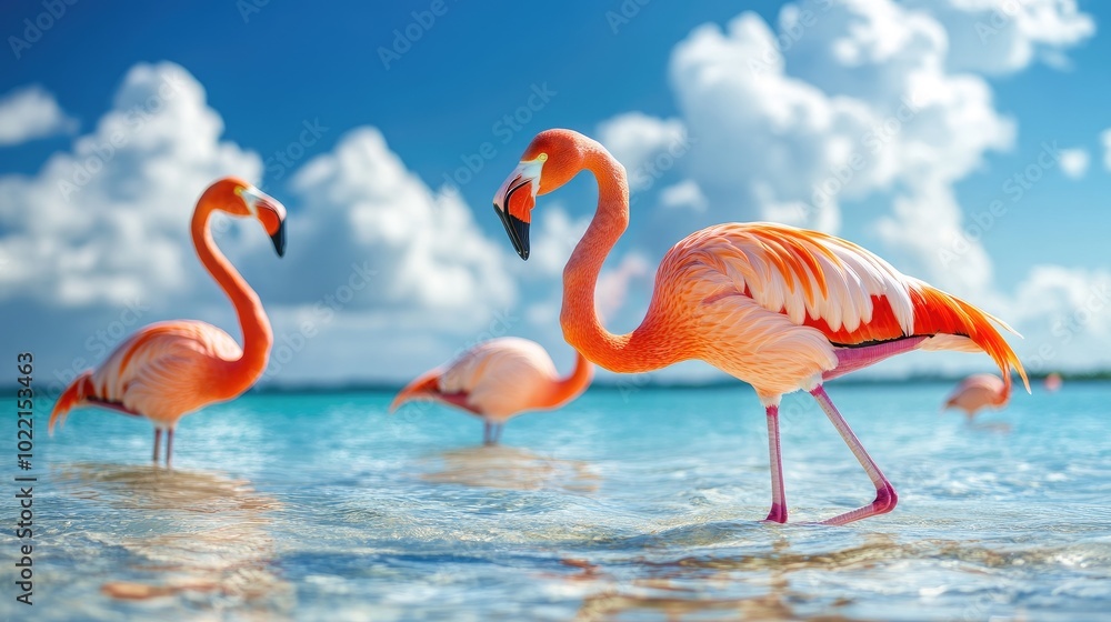 Fototapeta premium Vibrant Flamingos in Crystal Clear Waters
