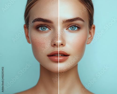 A powerful split image of a woman s face, displaying vibrant, healthy skin on one side and skin with health conditions on the other, emphasizing skin health contrasts photo