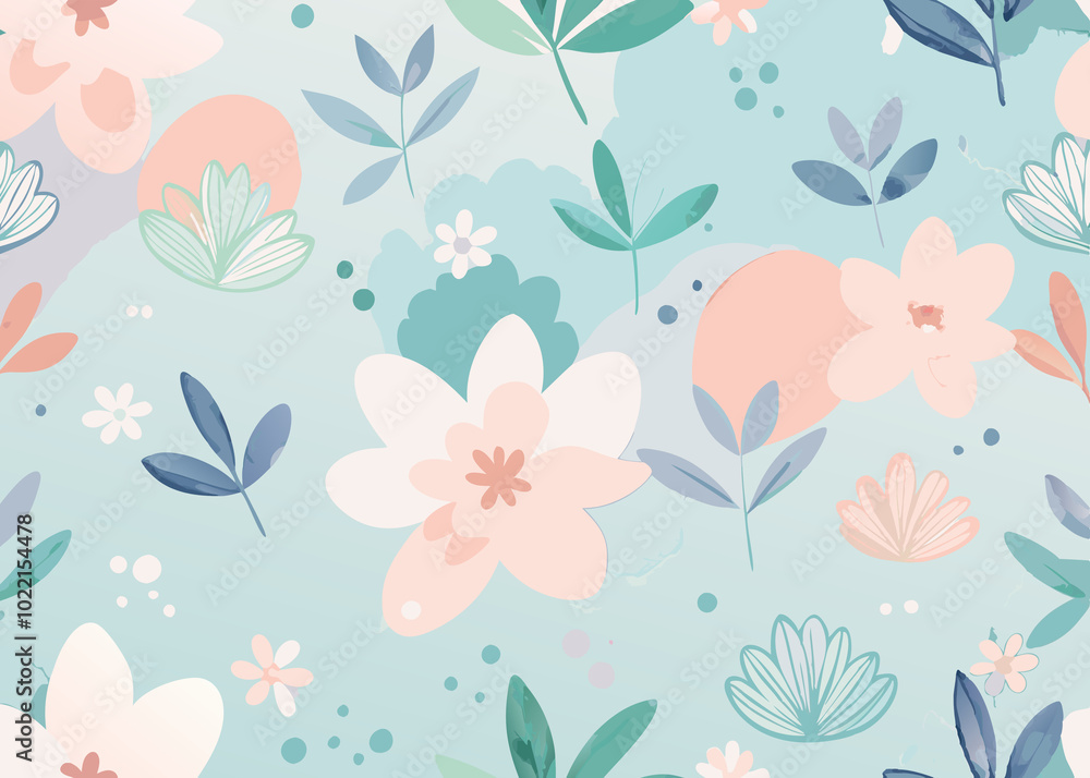 a whimsical and dreamy watercolor pattern with soft, blended brushstrokes and subtle texture, reminiscent of a delicate botanical illustration. The color palette should feature pastel hues with a focu a whimsical and dreamy watercolor pattern with soft, blended brushstrokes and subtle texture, reminiscent of a delicate botanical illustration. The color palette should feature pastel hues with a focu