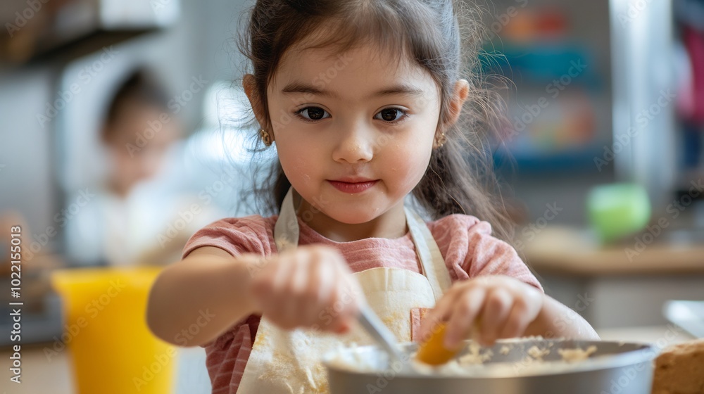 Kindergartener enjoying a cooking activity mixing ingredients in a bowl and learning to make simple recipes Kindergartener enjoying a cooking activity mixing ingredients in a bowl and learning to make simple recipes