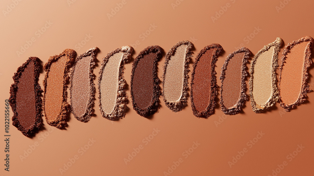 a luxurious horizontal arrangement of swatches featuring bronze eyeshadow, elegantly shaped with smooth curves, displayed on a warm terracotta background a luxurious horizontal arrangement of swatches featuring bronze eyeshadow, elegantly shaped with smooth curves, displayed on a warm terracotta background