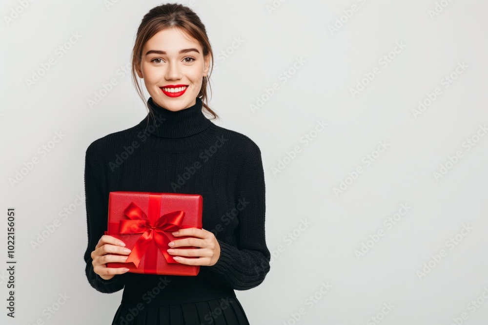 Fototapeta premium This description highlights a young Caucasian woman joyfully holding an elegant gift box with a red ribbon, exuding happiness and a chic aura, while radiantly smiling. She looks stylish and happy