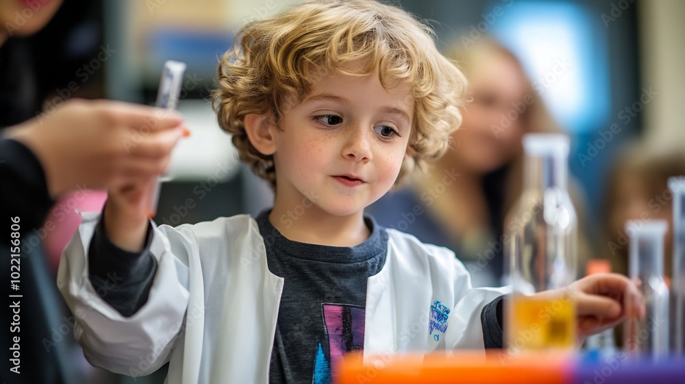 Kindergartener enjoying a science fair presenting a simple experiment and explaining the results to teachers and parents Kindergartener enjoying a science fair presenting a simple experiment and explaining the results to teachers and parents