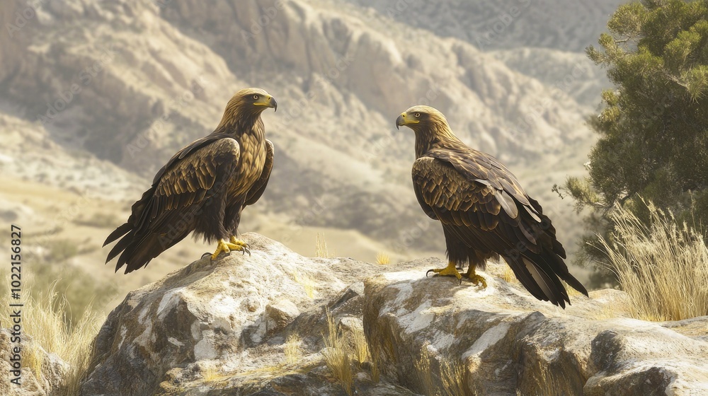Majestic Eagles on Rocky Outcrop in Natural Landscape Majestic Eagles on Rocky Outcrop in Natural Landscape