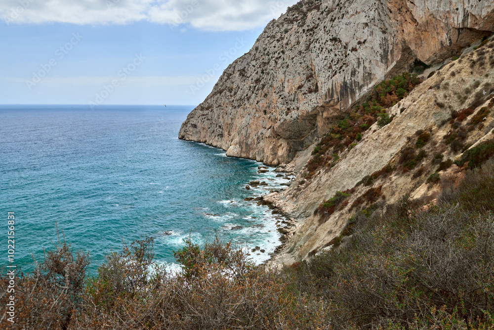 Picturesque view from the top of a cliff with turquoise sea waves meeting the rocky shore, surrounded by lush greenery and a bright sky on a sunny day Picturesque view from the top of a cliff with turquoise sea waves meeting the rocky shore, surrounded by lush greenery and a bright sky on a sunny day