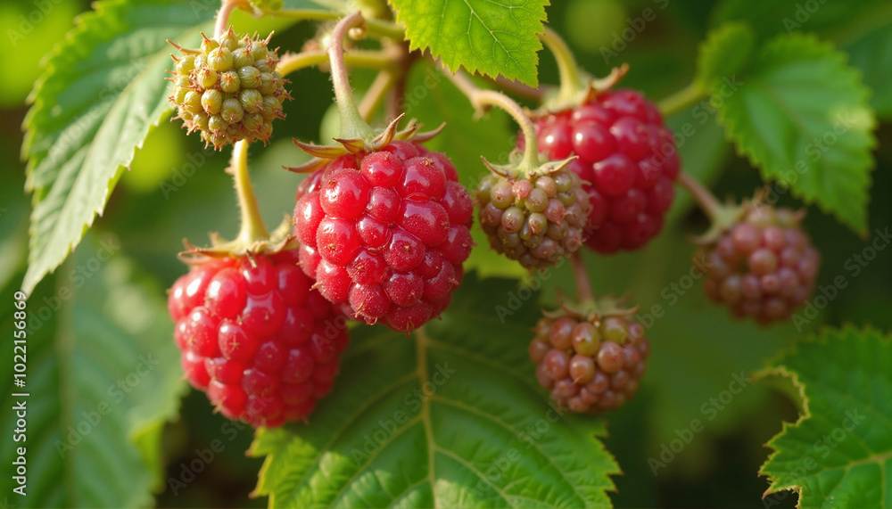 Close-up of ripe raspberries on green bushes in natural outdoor light Close-up of ripe raspberries on green bushes in natural outdoor light