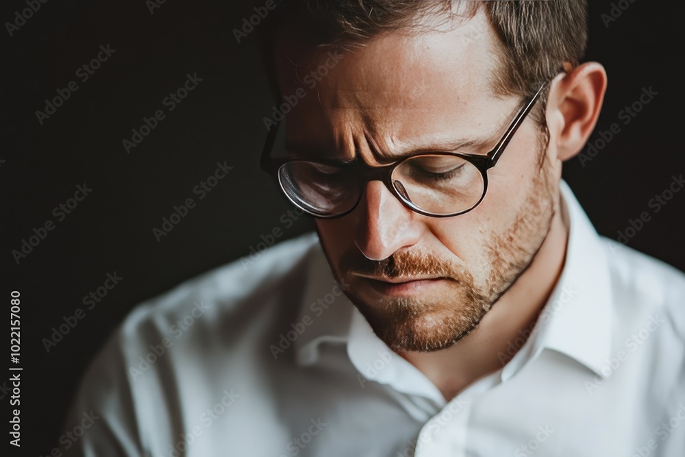 Man in glasses looks down. Depicts sadness, worry, or contemplation. Man in glasses looks down. Depicts sadness, worry, or contemplation.