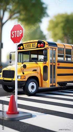 Busy yellow school bus. Stop sign. Schoolchildren crossing the road, exercise caution. Semester of the new academic year. Greetings and welcome back to school (10) photo