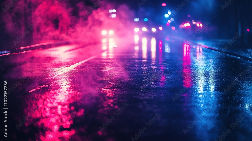 Neon Lights Reflected on Wet Street at Night Neon Lights Reflected on Wet Street at Night