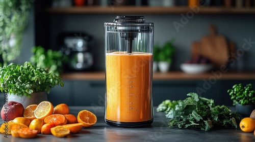 Freshly blended orange juice with fruits and greens around.