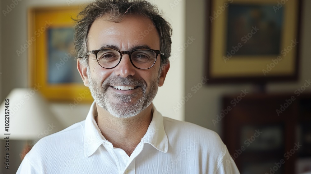 Smiling man with glasses, standing indoors. Perfect for showcasing confidence, success, or a friendly face. Smiling man with glasses, standing indoors. Perfect for showcasing confidence, success, or a friendly face.