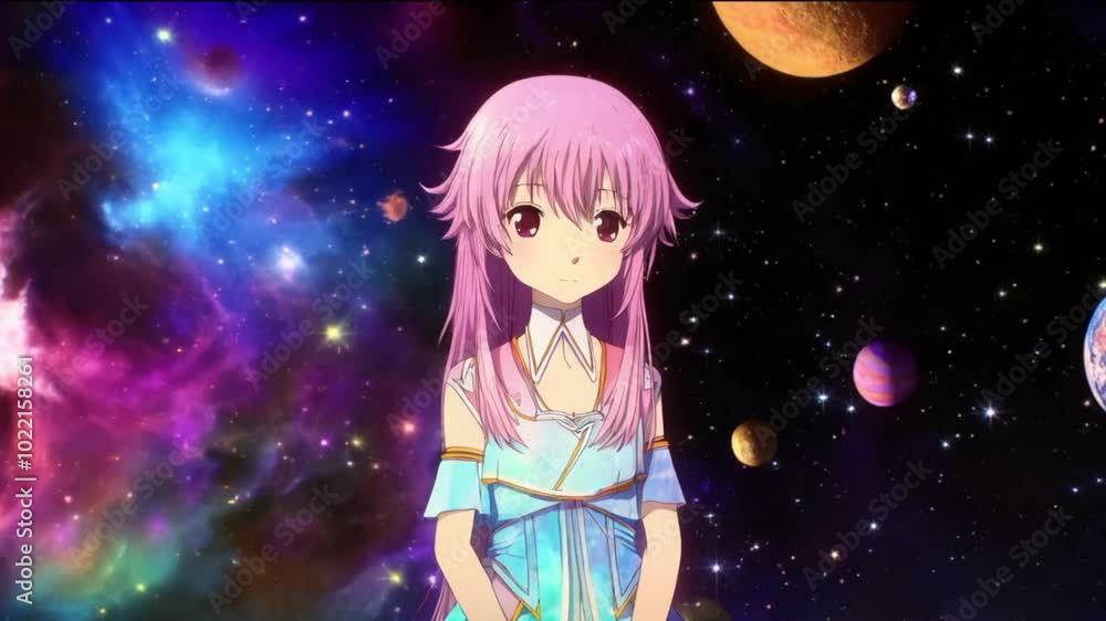 A girl in a cosmic landscape exploring distant planets A girl in a cosmic landscape exploring distant planets
