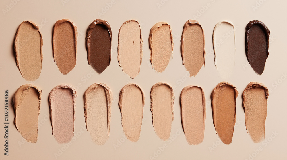 an elegant horizontal collection of swatches of neutral almond foundation, all uniform in size, displayed on a light taupe background an elegant horizontal collection of swatches of neutral almond foundation, all uniform in size, displayed on a light taupe background