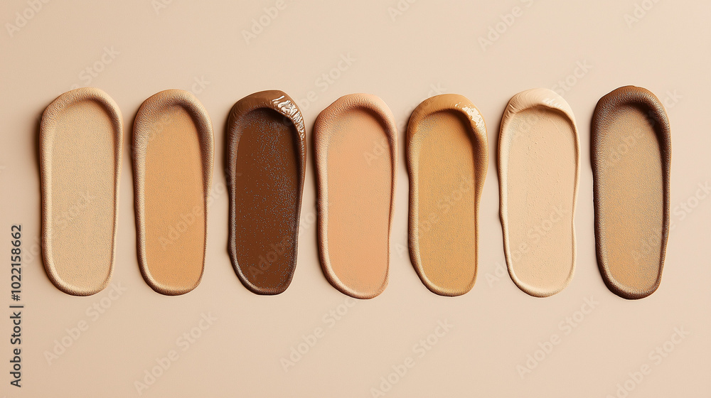 an elegant horizontal collection of swatches of neutral almond foundation, all uniform in size, displayed on a light taupe background an elegant horizontal collection of swatches of neutral almond foundation, all uniform in size, displayed on a light taupe background