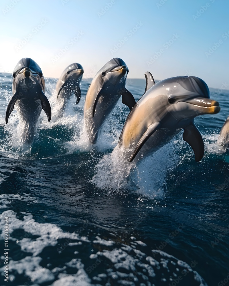 Fototapeta premium A pod of dolphins leap out of the water in a playful display of acrobatics, their sleek bodies catching the sunlight as they soar through the air.