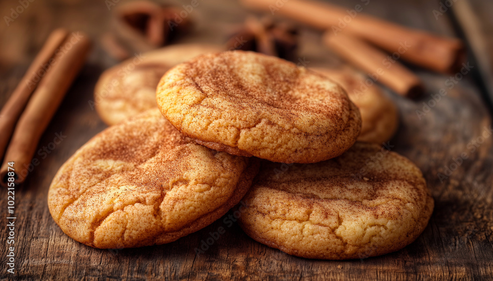 an image of classic snickerdoodle cookies, featuring golden-brown, slightly crinkled tops dusted with a generous coating of cinnamon sugar, set against a rustic wooden backdrop an image of classic snickerdoodle cookies, featuring golden-brown, slightly crinkled tops dusted with a generous coating of cinnamon sugar, set against a rustic wooden backdrop