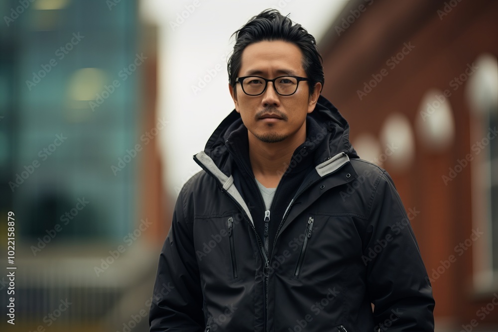 Portrait of a handsome Asian man in a black jacket and glasses Portrait of a handsome Asian man in a black jacket and glasses