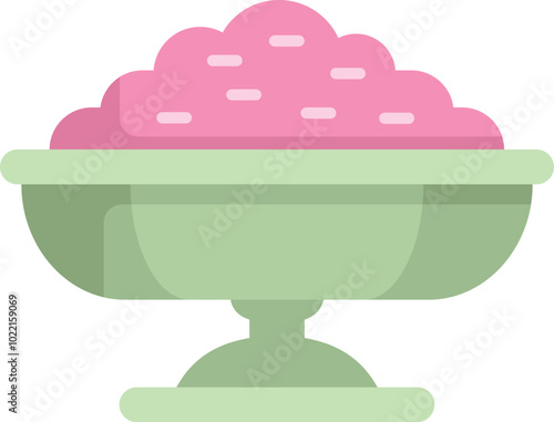 Classic green footed bowl is overflowing with pink frosting, ready for a baker to use to frost cupcakes or a cake