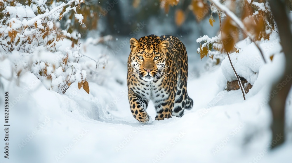 Snowy Path with a Majestic Leopard Walking Through Snowy Path with a Majestic Leopard Walking Through