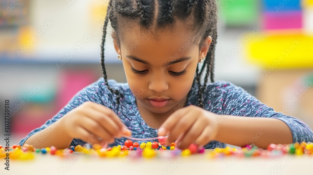 Kindergartener focused on threading beads onto a string developing fine motor skills and creativity Kindergartener focused on threading beads onto a string developing fine motor skills and creativity