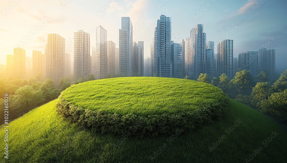 Fototapeta premium A pie chart of lush grass in the center of a futuristic ecofriendly business district, highlighting the importance of green growth and sustainable practices