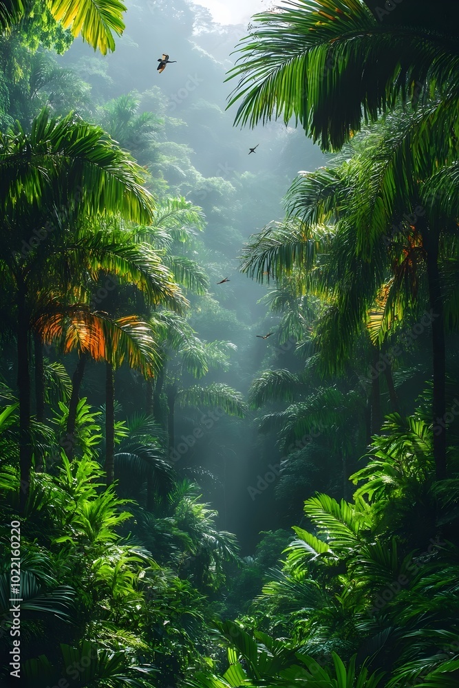 Sunlight streams through the lush canopy of a tropical jungle, creating a sense of mystery and peace.