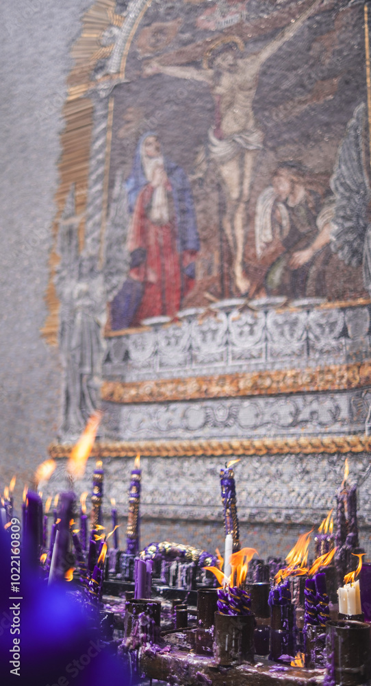 Naklejka premium The lord of miracles faithful devotees of the religion. Concept of Peruvian traditions.