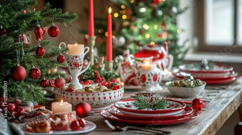 Elegant festive dining table set with porcelain dishes, candles, and christmas tree decoration for a cozy christmas celebration and happy new year ai