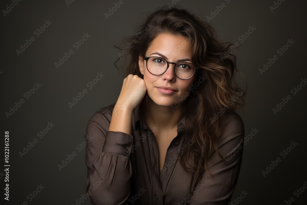 Portrait of a beautiful young woman with long brown hair and glasses. Studio shot. Portrait of a beautiful young woman with long brown hair and glasses. Studio shot.