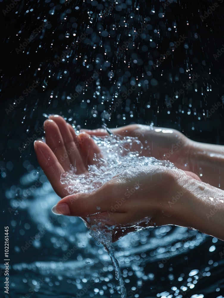 Fototapeta premium Water streams over cupped hands, illustrating a moment of personal care and the significance of maintaining hygiene practices. Generative AI