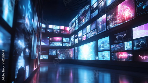 Immersive futuristic living spaces with multi-screen digital displays