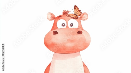 Concept about Pygmy hippopotamus. Watercolor painting of a cheerful hippo with a butterfly perched on its head, featuring bright orange hues and a playful design on a white background. photo