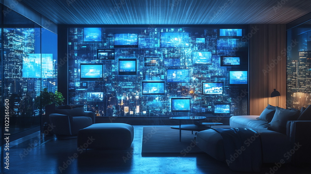 Immersive futuristic living spaces with multi-screen digital displays Immersive futuristic living spaces with multi-screen digital displays